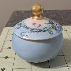 Hand-Painted Floral Blue and Gold Ceramic Jar